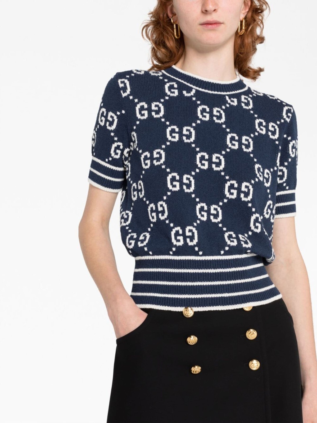 Authentic Gucci GG Logo Monogram Jacquard Cotton-Blend Top Sweater Size M US 6