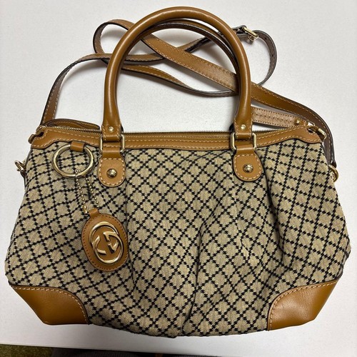 Gucci Handbag Diamond Pattern Canvas Leather Beige Brown Logo Charm