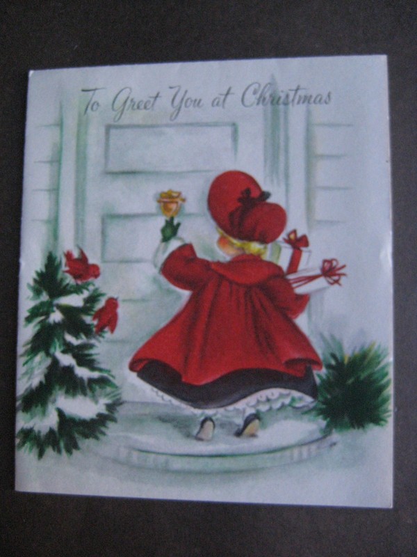 1950s vintage greeting card Hallmark CHRISTMAS Girl In Red Coat & Hat Knocking