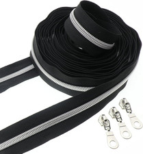 5 Silver Nylon Zippers Bulk 5 Yards Black Tape with 10Pcs Silver Sliders for DI