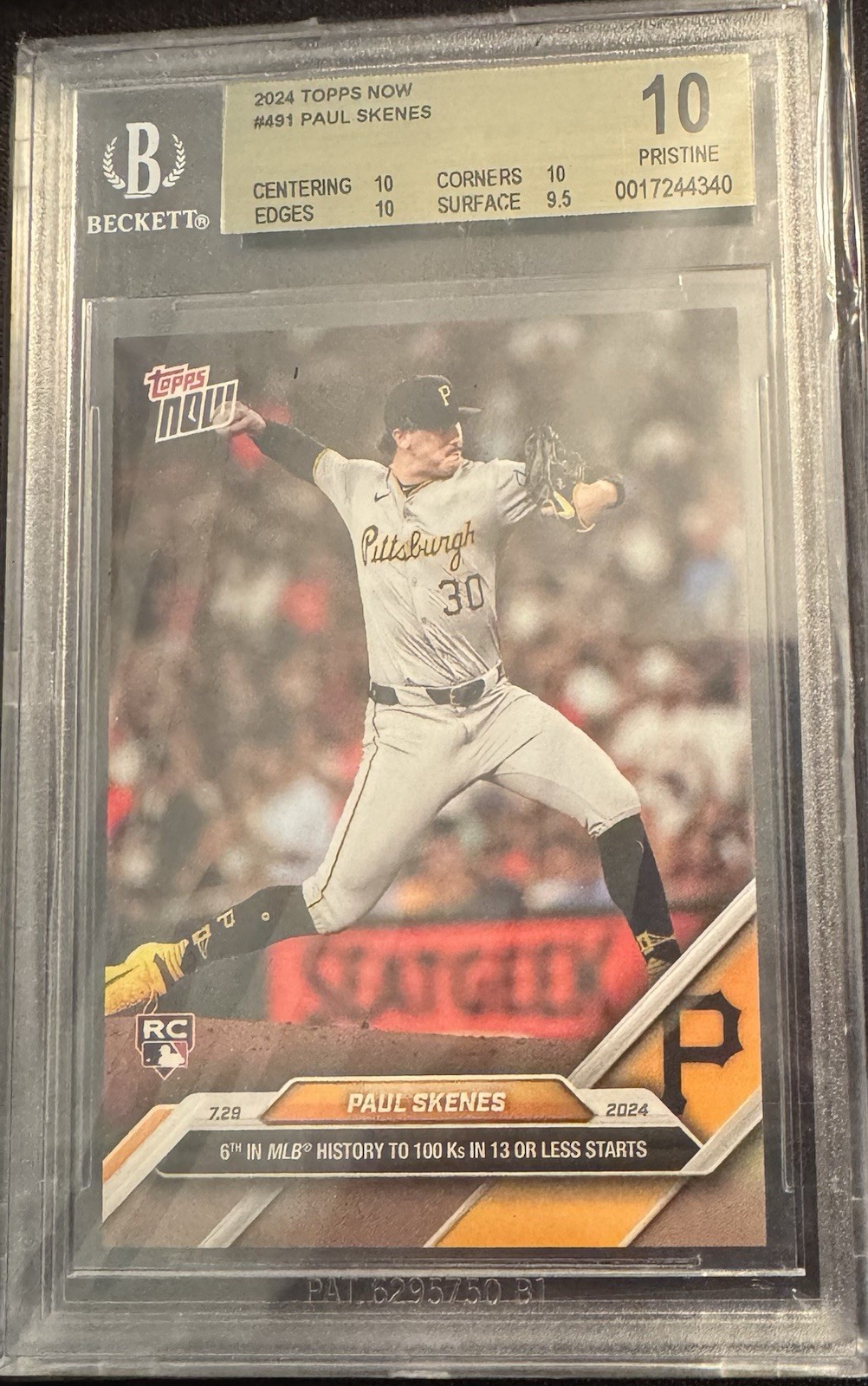 2024 Topps Now Paul Skenes Pirates Beckett Pristine 10 Rookie #491 /9108