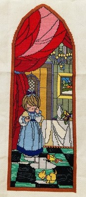 Crying over Spilled Milk Finished Cross Stitch Precious Moments Windows Series
