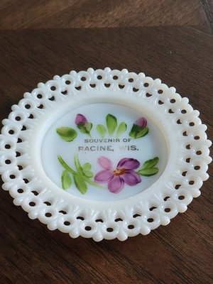 Antique Milk Glass Tiffin Trinket Dish Trey Souvenir of Racine, WISCONSIN 5.5''