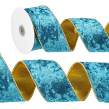 2.5 Inch x 10 Yards Velvet Wired Gold Crushed Ribbon for Bow Decor Bright Blue