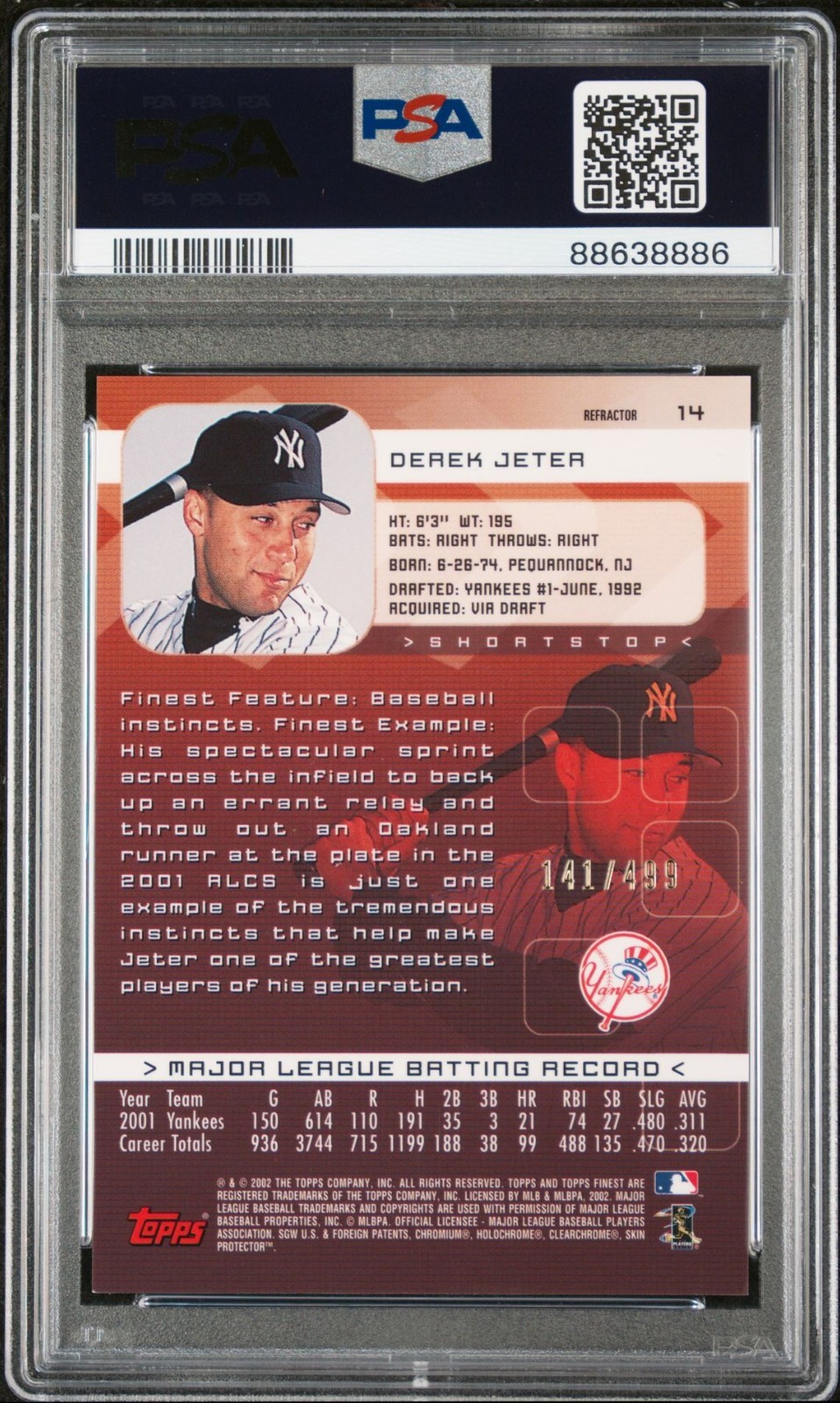 2002 Topps Finest - Derek Jeter #14 Refractor  141/499  PSA9 view 2