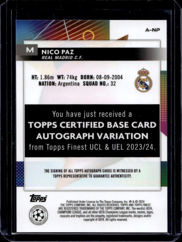 2023-24 Topps Finest UEFA Nico Paz Auto Autograph Rookie RC #A-NP Real Madrid view 2