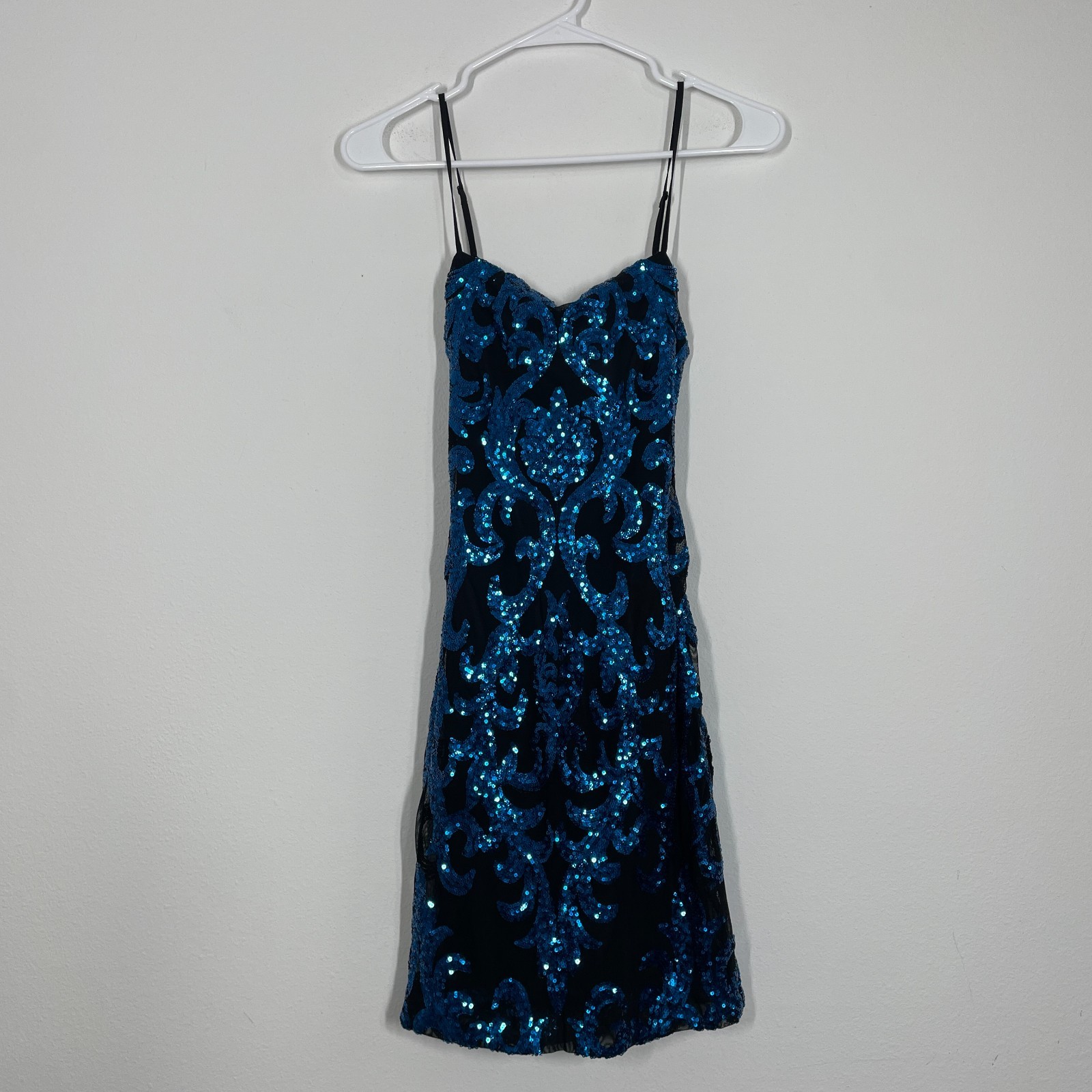 B Darlin Sequin Mini Dress Women 3/4 Blue Tie Back Holiday Party Mermaid Fairy