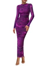 PRETTYGARDEN Womens Long Sleeve Maxi Dresses 2026 Spring Ruched Bodycon Flora...
