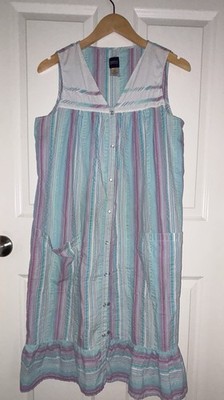 VTG Basic Editions Women s Snap Front House Dress Duster Striped Pockets S
