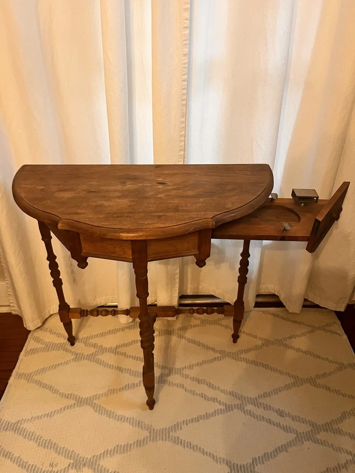 Mesa consola antigua rara Demilune Half Moon con compartimento oculto para fumar Foto 2 de 4