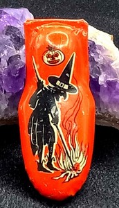VTG Halloween Witch Fire & Pumpkin Tin Litho Clicker Made By Kirchhof USA 1 7/8"