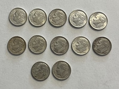 12 DIMES lot of 1954 to 1964 90% Silver Roosevelt Mixed Dates Some Proofs PICTUE