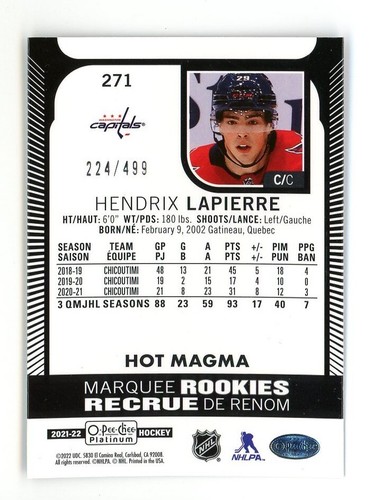 HENDRIX LAPIERRE 2021-22 O-Pee-Chee Platinum Hot Magma Marquee Rookies /499 - Picture 2 of 2