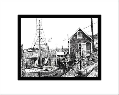 Nantucket Wharf, Pen and Ink, Matted Print, Note Card