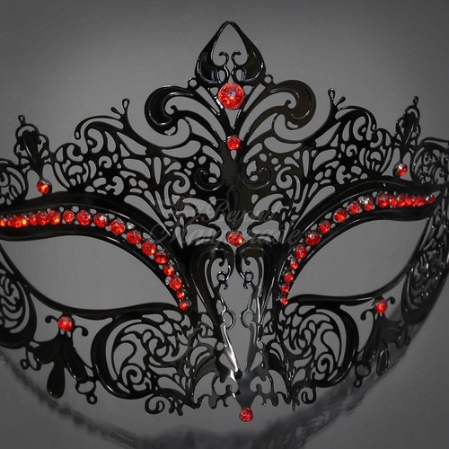 Luxury Filigree Metal Venetian Masquerade Mask for Women Black - Red Rhinestones - Bild 3 von 5