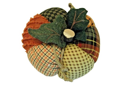 Folk Plush Art Stuffed Handmade Pumpkin 6 Different Cloth Panels Leaves & Stem - Picture 5 of 9
