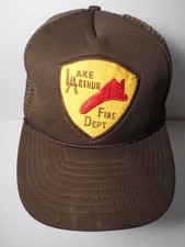 Vintage 1980s LAKE ARTHUR FIRE DEPT Advertising Patch SNAPBACK HAT TRUCKER CAP
