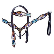 Western Hand Tooled Painted Bridle Breast Collar Headstall Tack Set For Horse