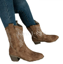 Women's Pointed Toe Cowgirl Cowboy Boots Ladies Mid Wide Calf Western Shoes UK~