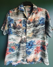 VINTAGE 1950s PENNEY  S RAYON HULA HAWAIIAN SHIRT Waterfall Long Bridge Fishing