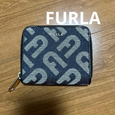 FURLA Navy Logo Bifold Wallet Zipper Compact Card Holder Excellent Japan