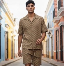 GUCCI GG Logo Beige Brown Camel Shirt  Matching Shorts Tailored Sz S Authentic