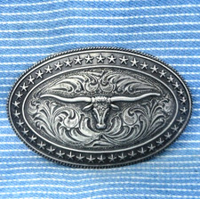 Cowboy Steer  Stars Dress Belt Buckle Western Cowgirl Floral Scroll Vtg .CPA943