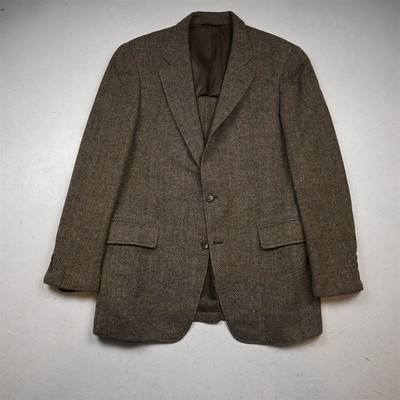 Vtg USA Made 40R Brown Herringbone Wool Tweed Mens Blazer Suit