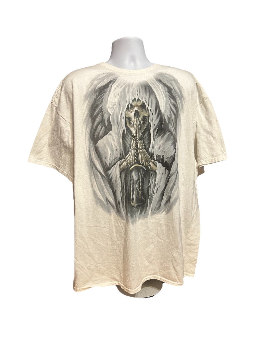 VTG Grim Reaper Skull Death Wings Shirt Men 3 XL White Short 