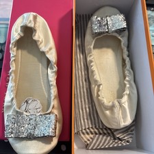 Kate Spade New York Ivory Satin Silver Glitter Bow Ballerino Slipper Size 9