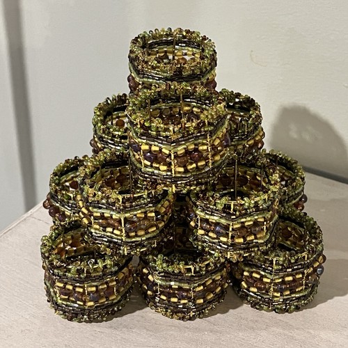 Set of 12 Pier 1 Glass Beaded Napkin Rings Fall Colors Amber Green Brown