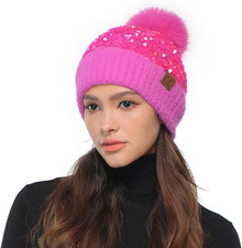 Sequin Fur Pom Beanie for Women - Stretchable Soft Warm with Faux Fur Pom Kni...