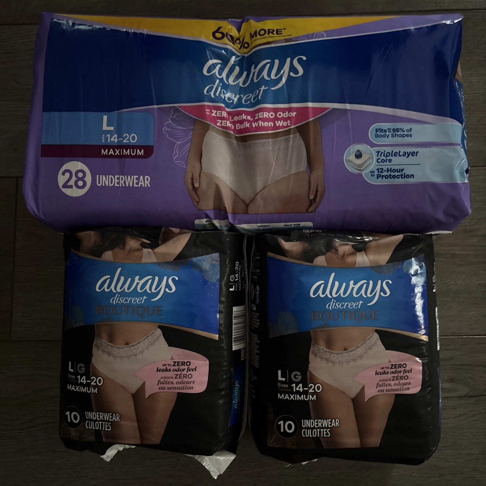 Always Discreet women’s underwear/adult diapers in size large - lot of 3
