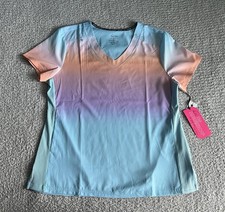 Koi Lite Scrub Top Women  s Sz Large Blue Rainbow Ombr  Reform Stretch Nursing