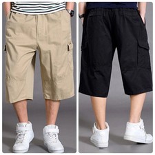Mens Solid Baggy Cotton Trousers 3/4 Length Casual Cargo Pants Shorts Plus Size