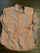 VTG 90s Ralph Lauren Button Down Shirt Men's XXL Orange White Stripe Green Pony