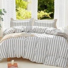 White Striped Duvet Cover Set Queen 90" x 90" Wide Stripes - White/Dark Grey