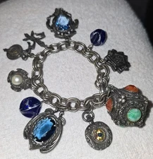 Vintage Silver Toned Etruscan Style Heraldic Fob Charm Bracelet Possibly Italian