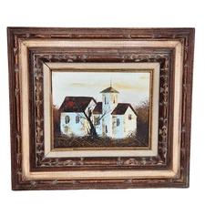 Vintage Oil Acrylic Painting Church Scene Hand Carved Frame MCM 16x18 Framed