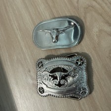 Vintage Nocona Western Texas Longhorn W/ Silver Stars Cowboy Belt Buckle