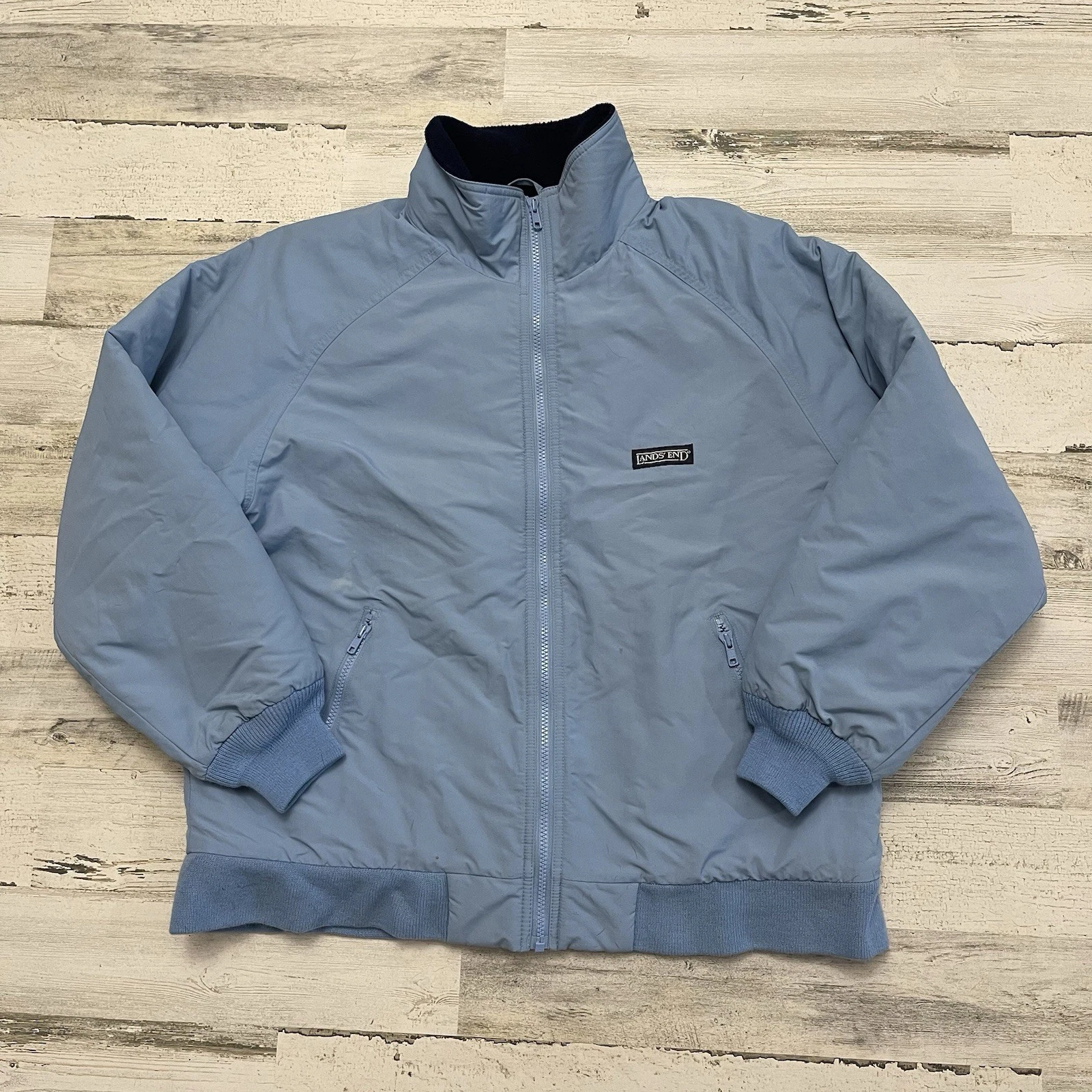 Lands End Bomber Jacket Men's L/XL Blue Fleece Lined Polartec Great Condition