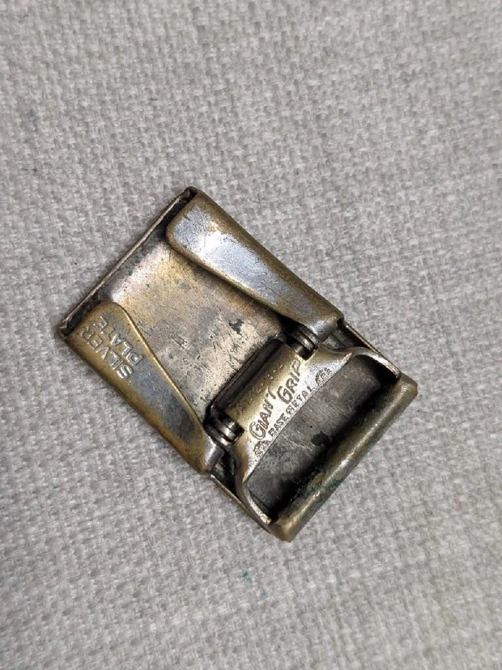 vintage 1940s antique SILVER PLATE belt buckle "H" brass GIANT GRIP western - Image 3 of 4