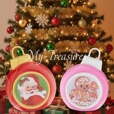 New Lot of 2 Mr. Christmas 5'' Mini Pink Gingerbread & Santa Blow Mold Ornaments