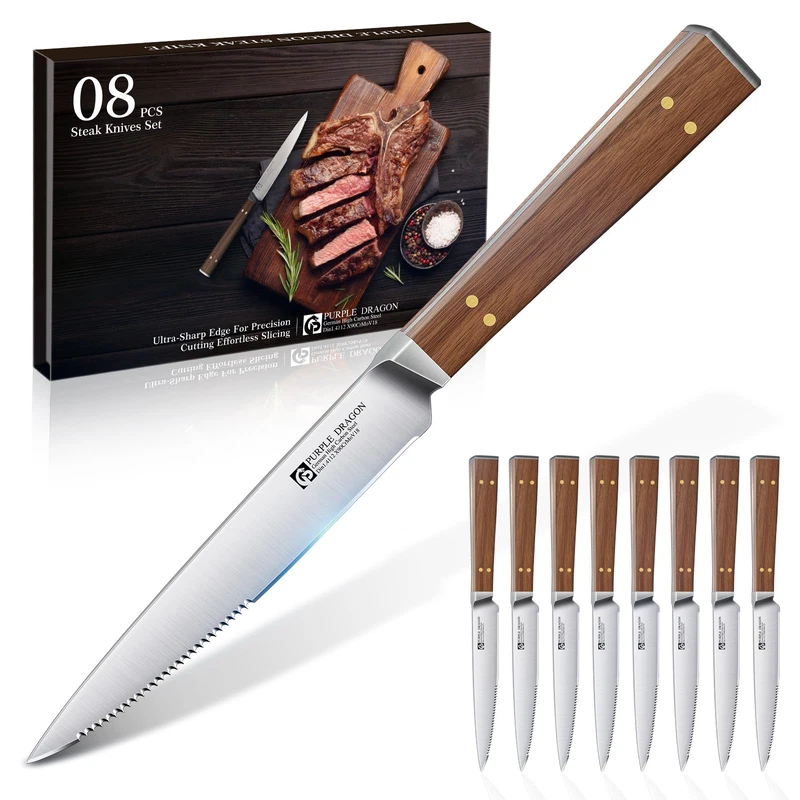 Purple Dragon Serrated Steak Knives Set Of 8-4.7 Inch Dinner Knife High Carbon