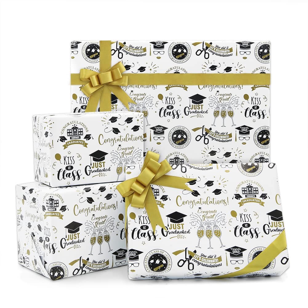 2025, 6 Sheets White And Gold Grad Gift Wrap Papers...