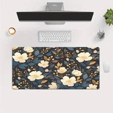 40*90cm1pc Elegant White Floral on Black XXL Mouse Pad - Non-Slip Rubber Base, L
