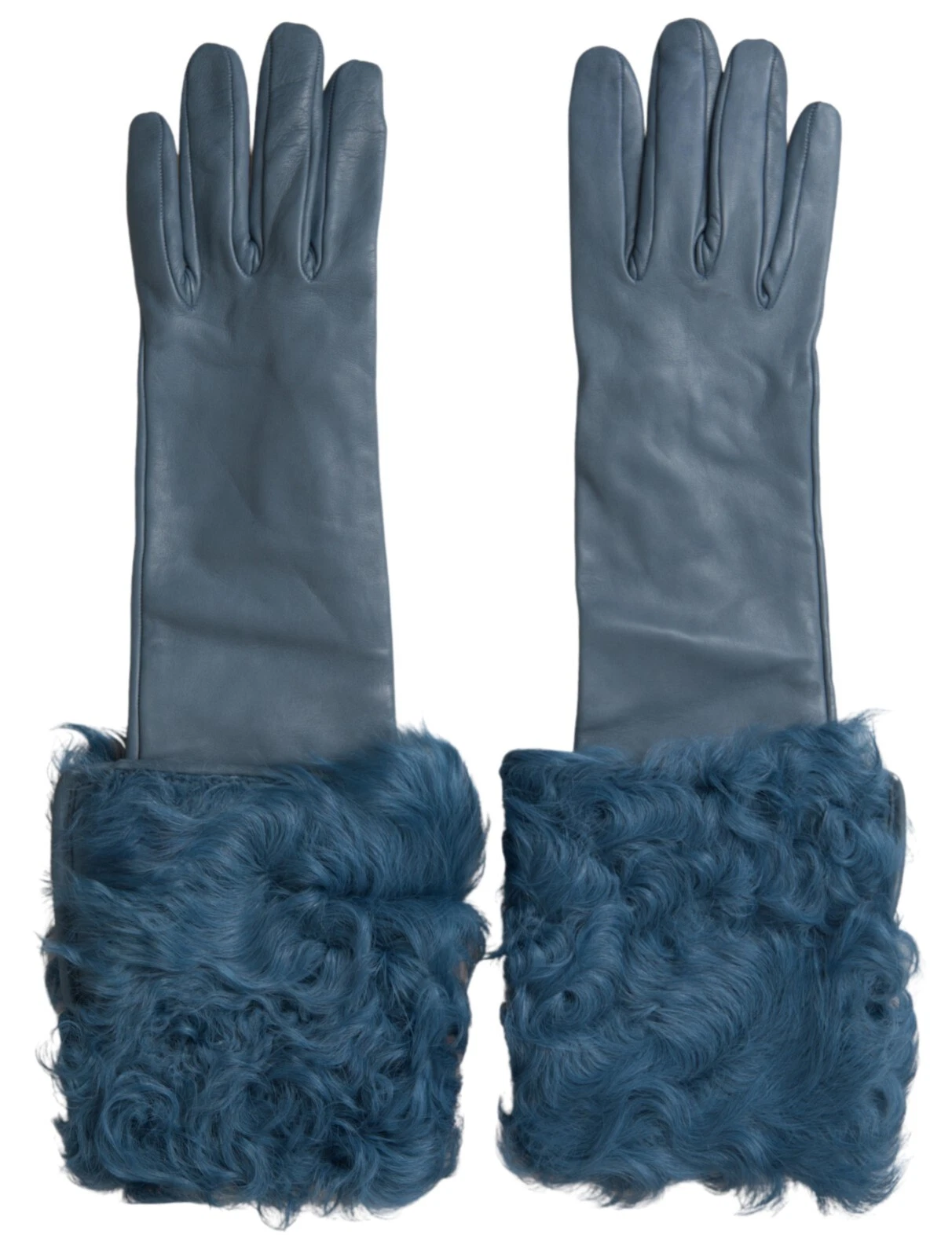 DOLCE & GABBANA Gloves Blue Leather Fur Mid Arm Length s. 7 / S 1220usd