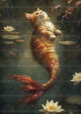 Fantasy Cat Mermaid Art Print Whimsical Animal Portrait Surreal Fairytale AC63