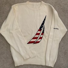 o'o'o . NAUTICA Pullover SWEATER . Medium-Large . USA Flag Sailboat Design