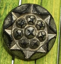 Antique Jet Black Glass Button Silver Luster Beaded Star Tunnel Shank 1/2"